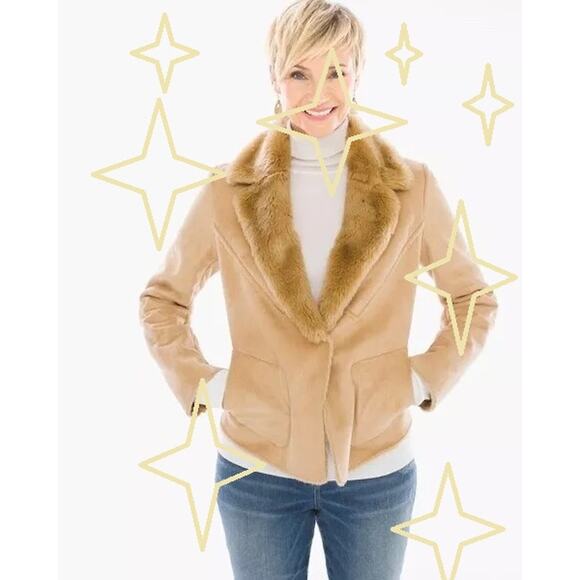 Chico’s | S | Shearling Jacket Faux Suede Faux Fur Camel Coat Moto Women's 4 - Picture 2 of 5